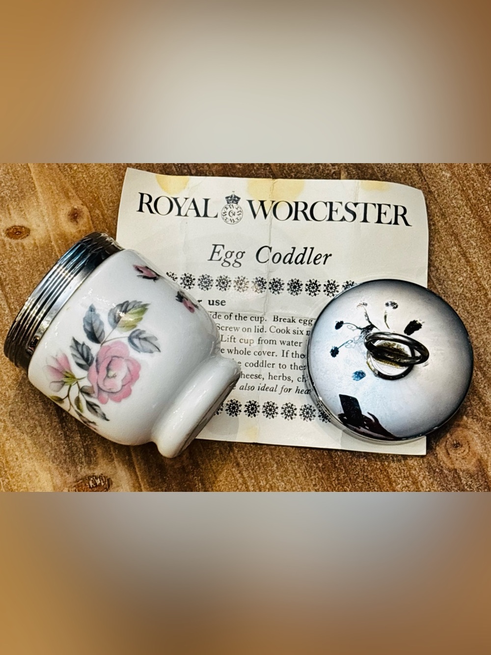 Royal Worcester Porcelain Egg Coddler with Flower Motifs and directions